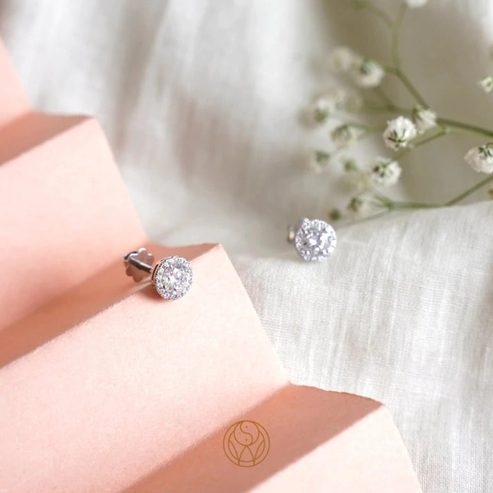 Halo Solitaire Silver Earrings