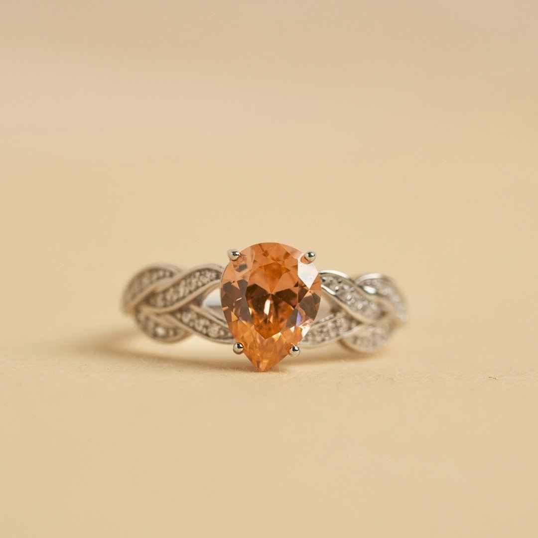 Pear Orange Stone Silver Ring