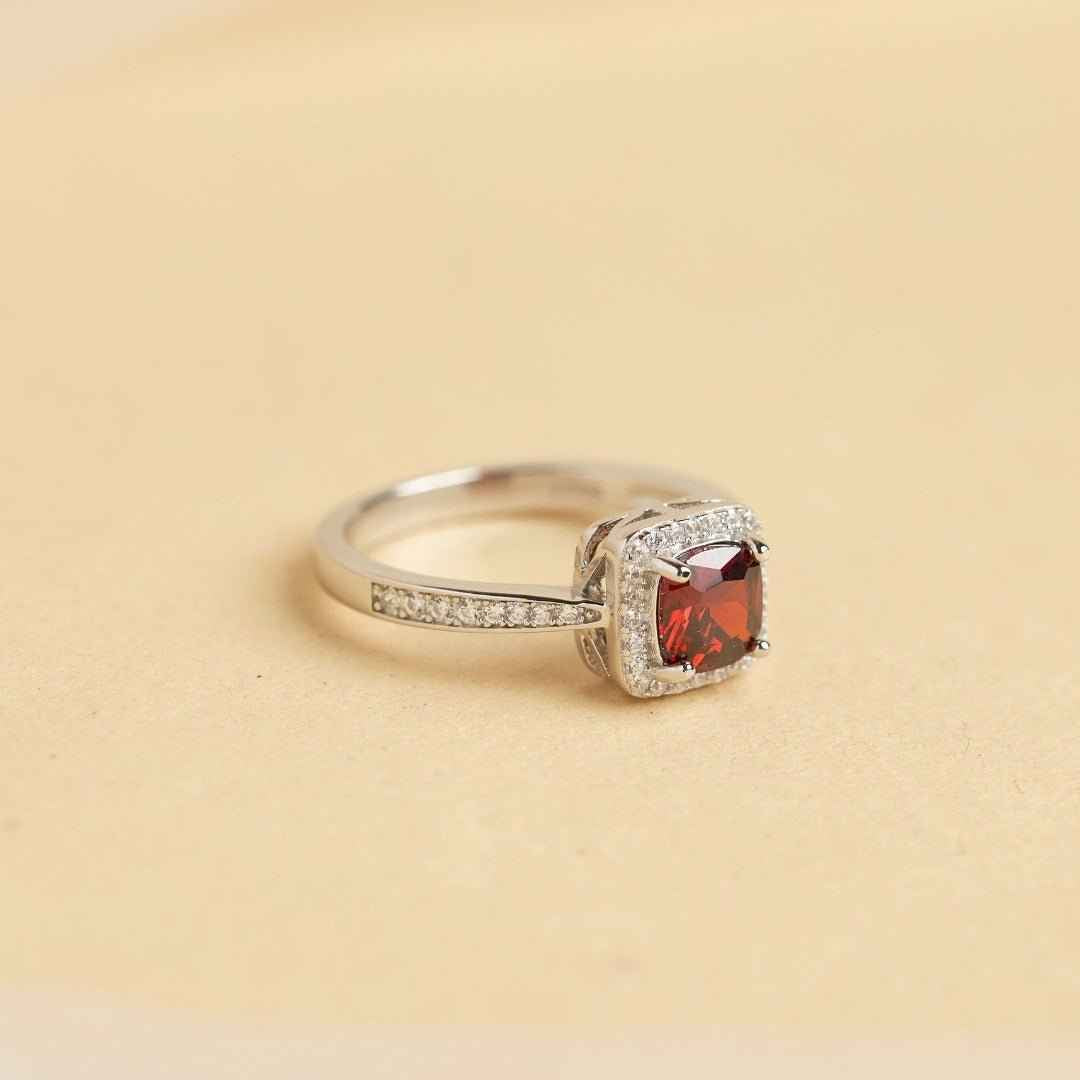 Red Ruby Halo Silver Ring