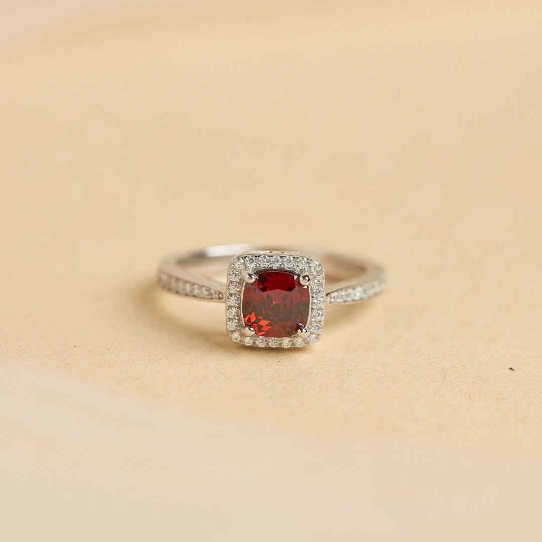 Red Ruby Halo Silver Ring
