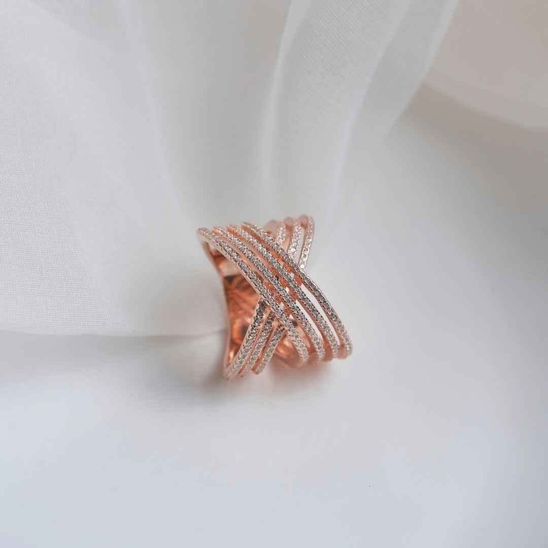 Rose Gold Silver Criss Cross Diamond Ring