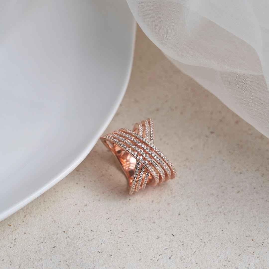 Rose Gold Silver Criss Cross Diamond Ring