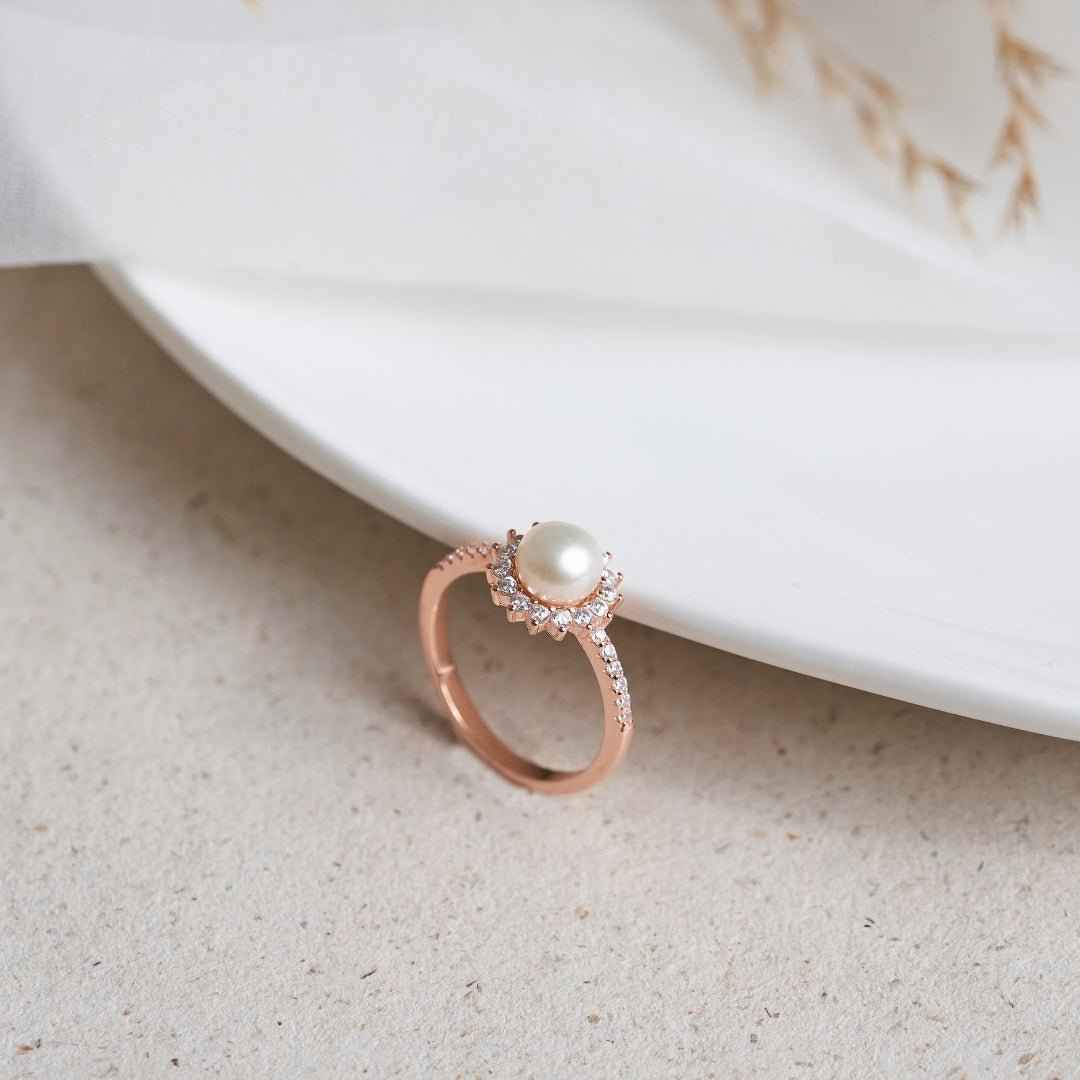 Rose Gold Silver Diamond Pearl Halo Ring