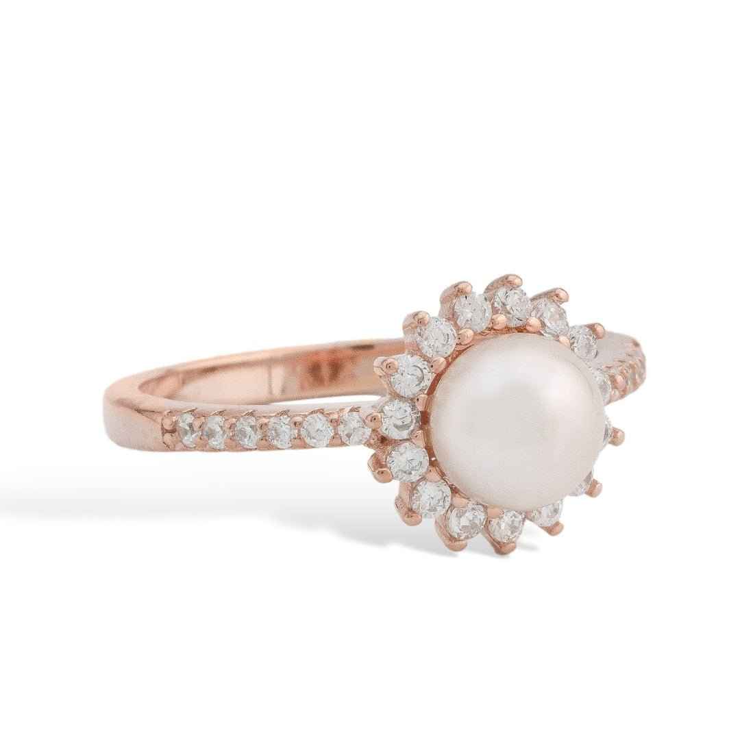 Rose Gold Silver Diamond Pearl Halo Ring