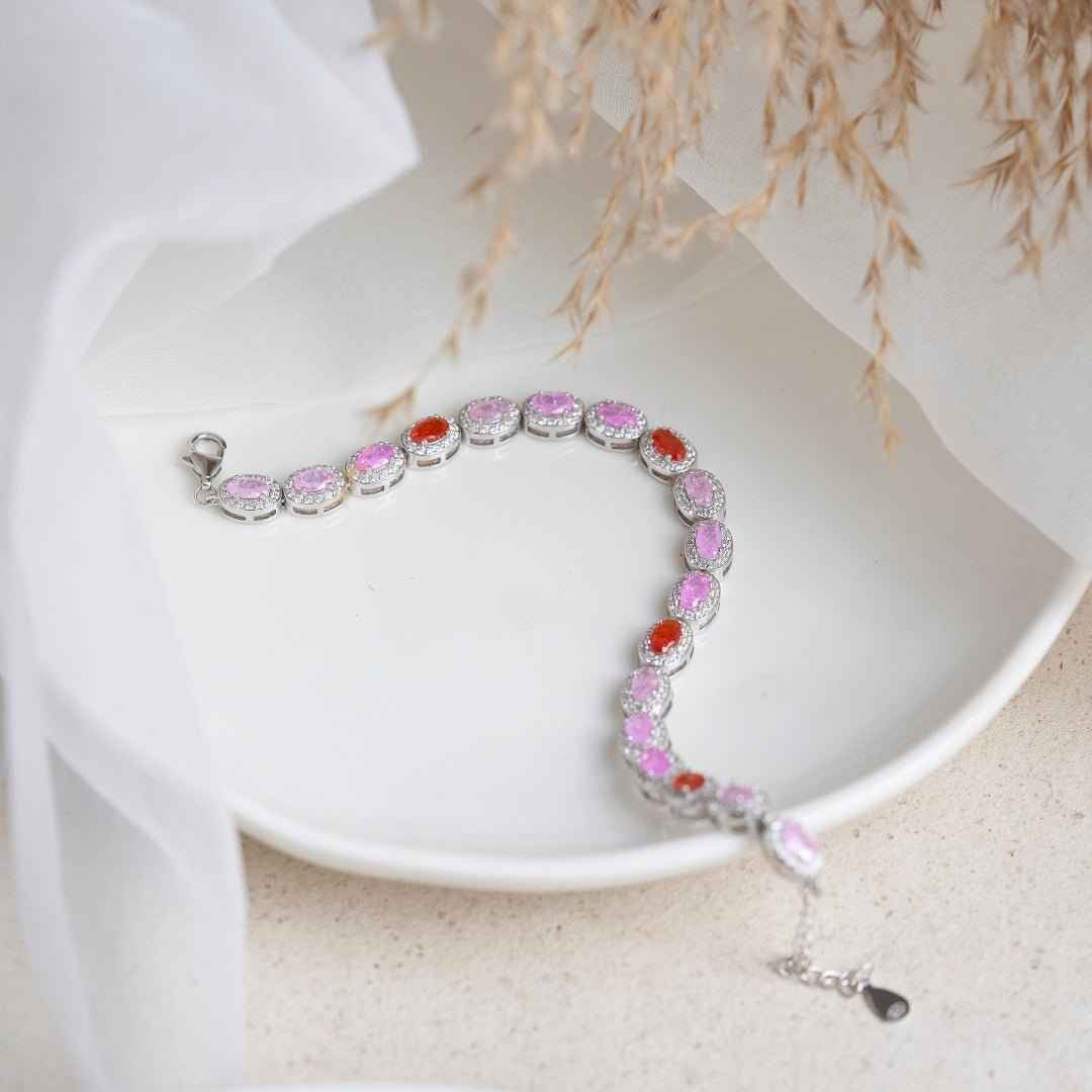 Silver Pink Halo Diamond Bracelet