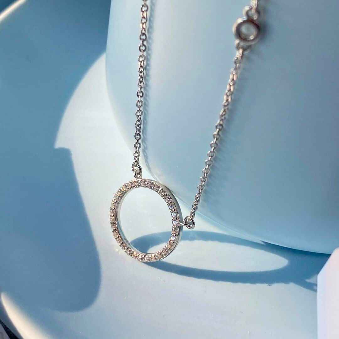 Open Circle Silver Diamond Necklace
