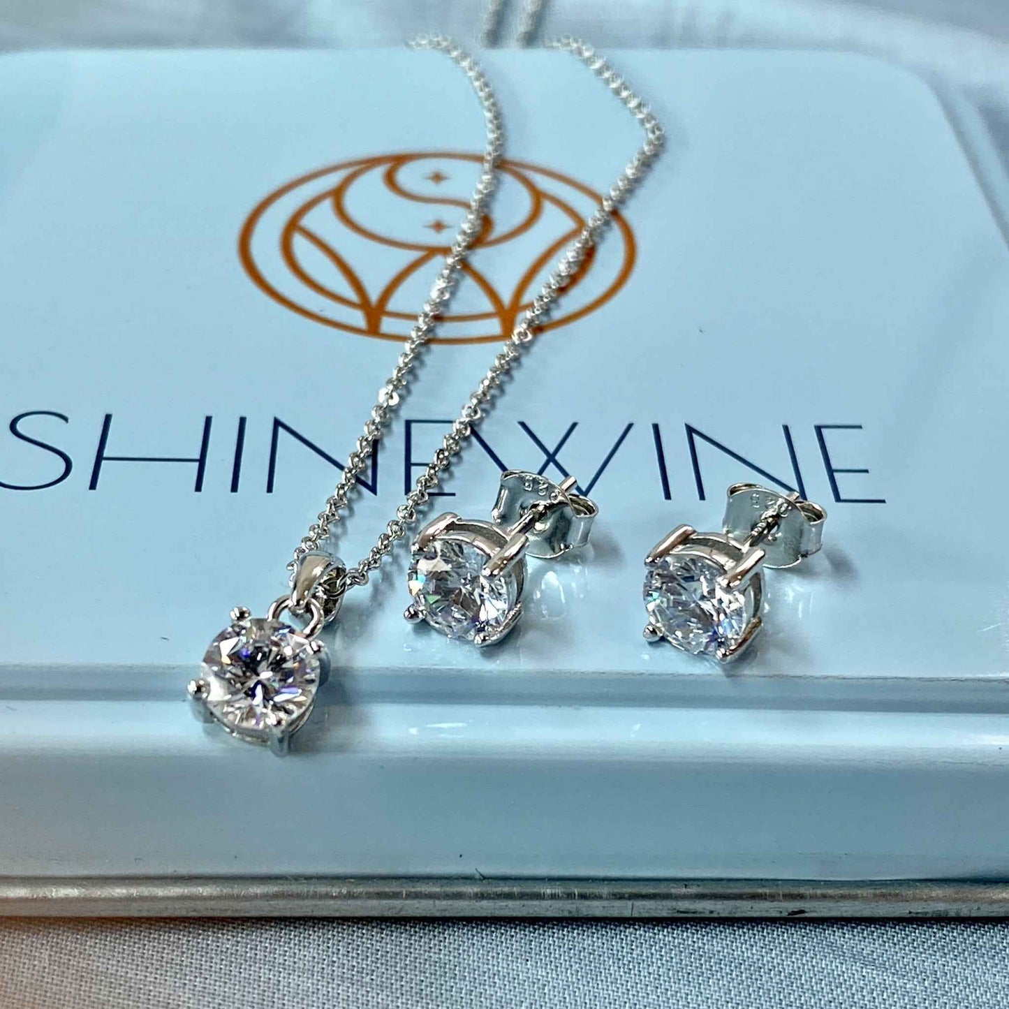 Premium Solitaire Diamond Silver Set (Earrings + Necklace)