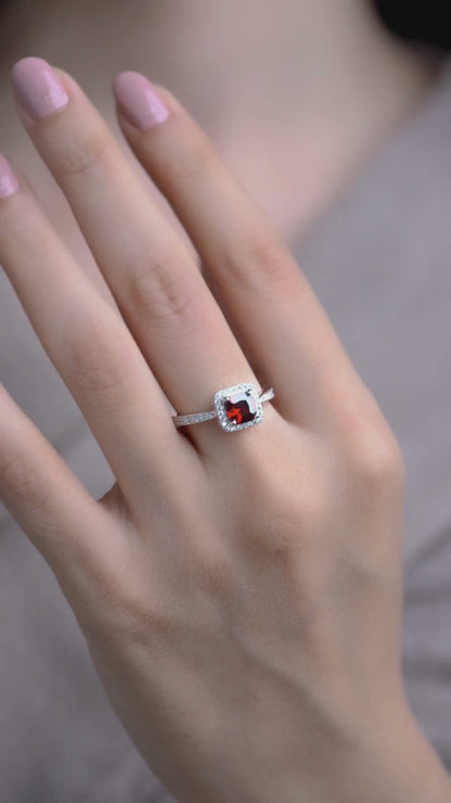 Red Ruby Halo Silver Ring