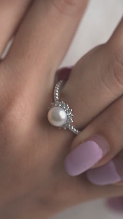 Silver Diamond Pearl Halo Ring