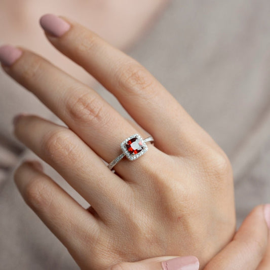 Red Ruby Halo Silver Ring