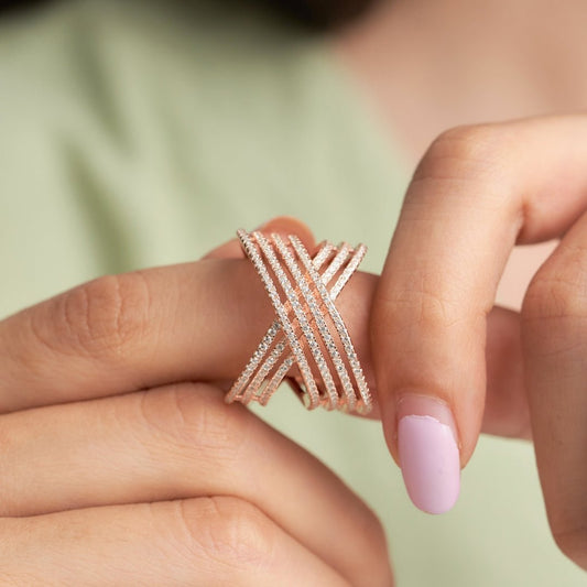 Rose Gold Silver Criss Cross Diamond Ring