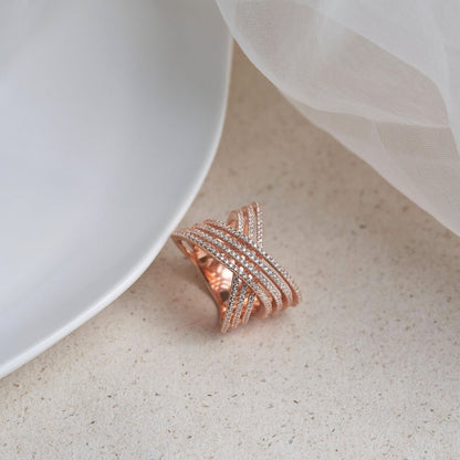 Rose Gold Silver Criss Cross Diamond Ring - Shinewine.co