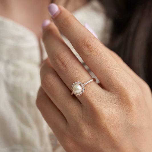 Rose Gold Silver Diamond Pearl Halo Ring