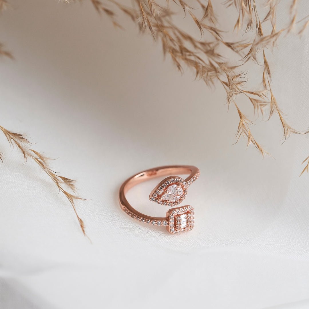 Rose Gold Silver Twin Shape Halo Diamond ring - Shinewine.co