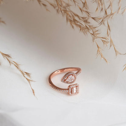 Rose Gold Silver Twin Shape Halo Diamond ring