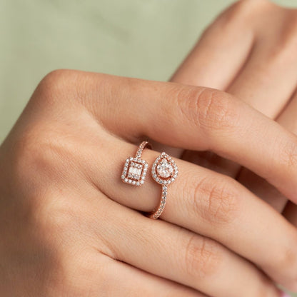 Rose Gold Silver Twin Shape Halo Diamond ring