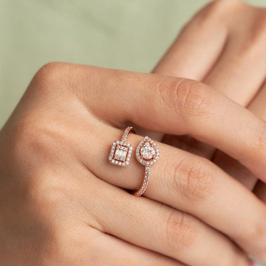 Rose Gold Silver Twin Shape Halo Diamond ring