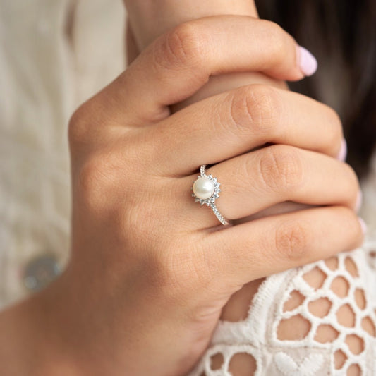 Silver Diamond Pearl Halo Ring