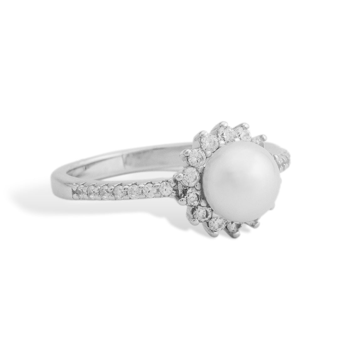 Silver Diamond Pearl Halo Ring - Shinewine.co