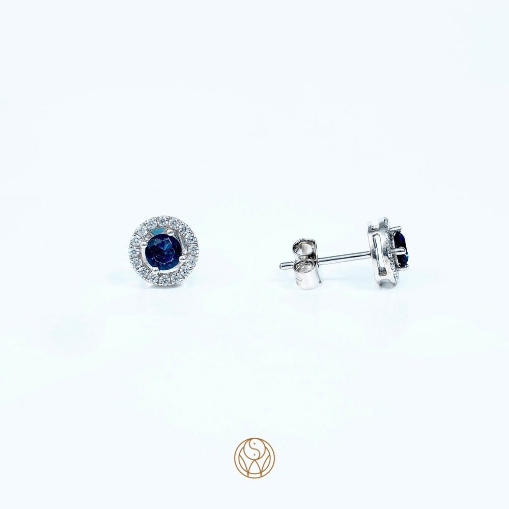 Blue Sapphire Halo Studs 925 Silver Earrings Online - Designer Silver Jewellery - Shinewine