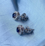 Blue Sapphire Halo Studs Silver Earrings - Designer Silver Jewellery - Shinewine