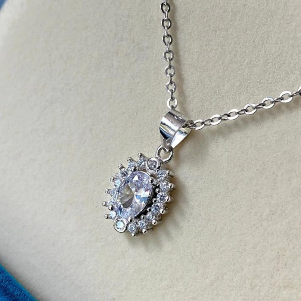 Classic Oval Solitaire Silver Diamond Necklace - Shinewine.co