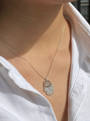 Diamond Eye Hamsa Necklace Silver - Shinewine.co