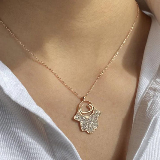 Elegant Hamsa Silver Necklace Rosegold