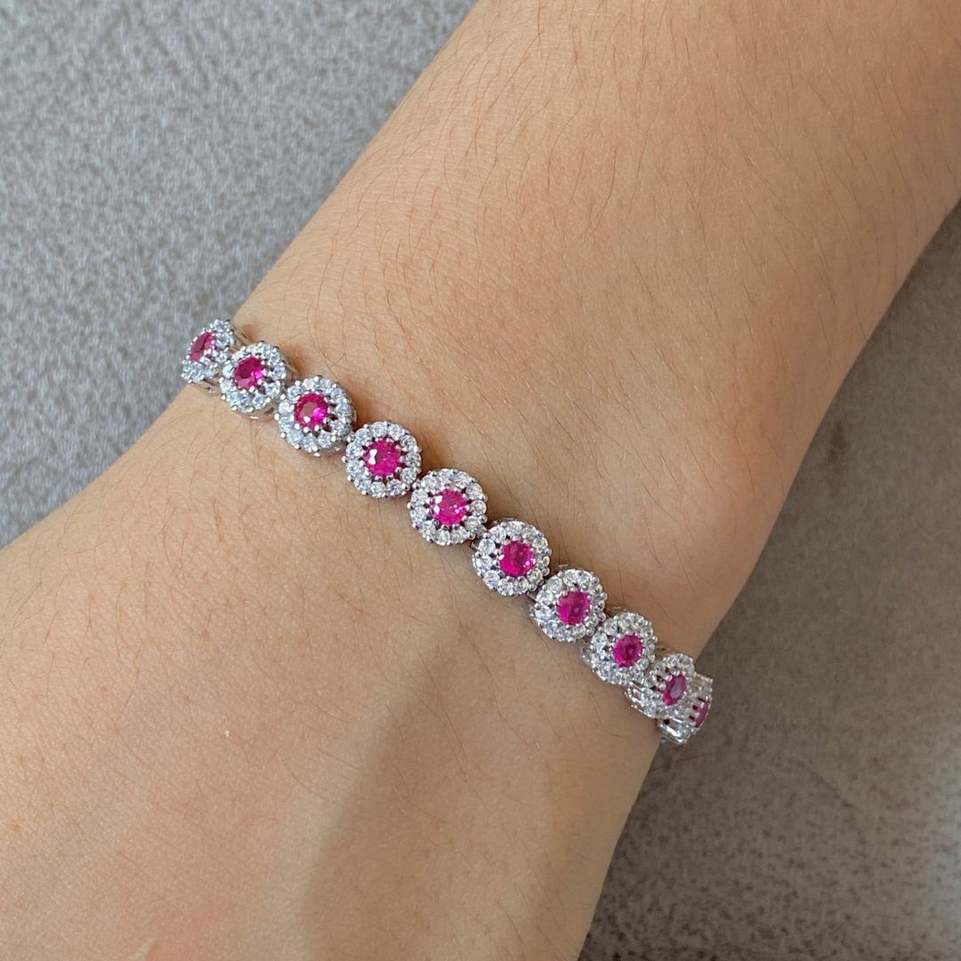 Pink Sapphire Tennis Silver Bracelet - Shinewine.co