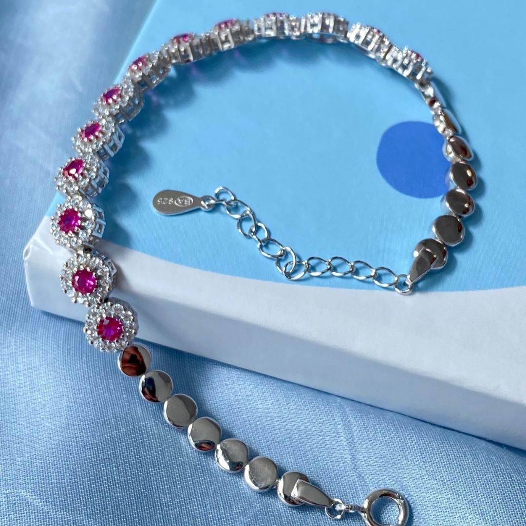 Pink Sapphire Tennis Silver Bracelet - Shinewine.co