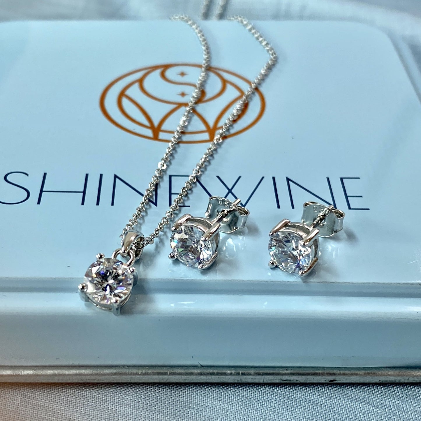 Premium Solitaire Diamond Silver Set (Earrings + Necklace)