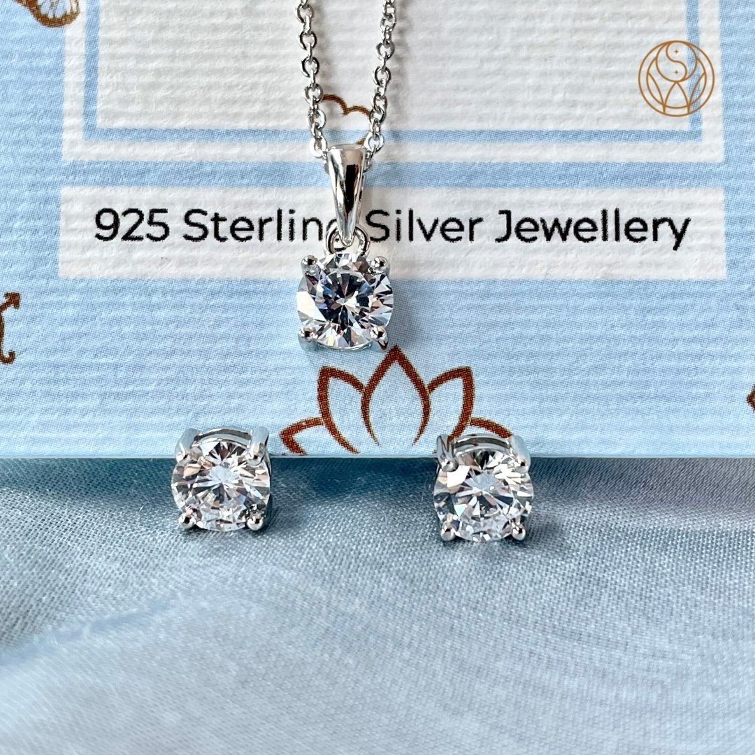 Premium Solitaire Diamond Silver Set (Earrings + Necklace)