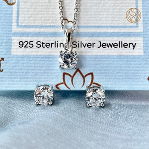 Premium Solitaire Diamond Set (Earrings + Necklace) - Designer Silver Jewellery - Shinewine