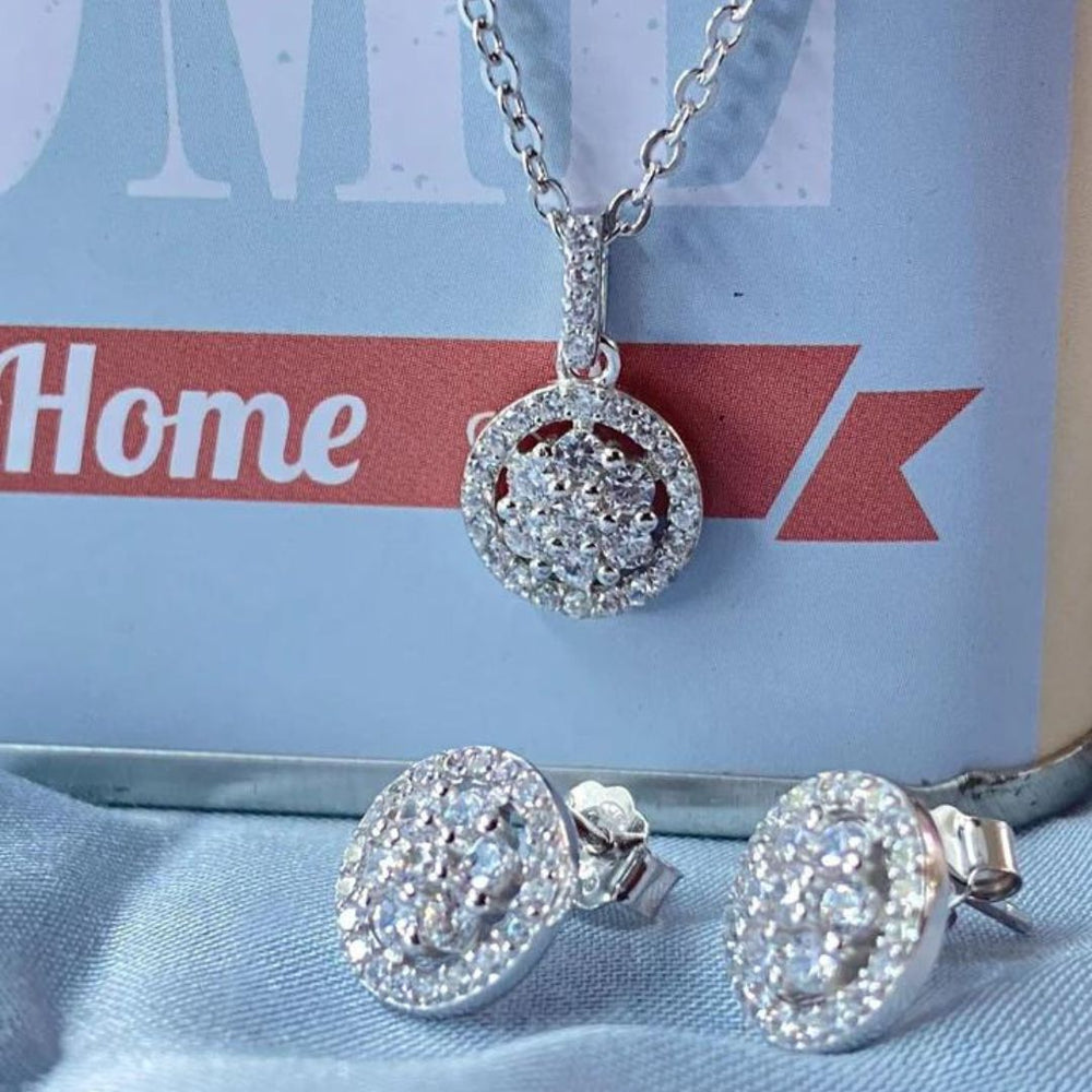 Star Halo Diamond Silver Set (Earrings+Necklace) - Shinewine.co